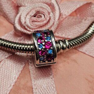 Sterling Silver 925 Pink and Blue CZ Round Divider/Stopper Charm